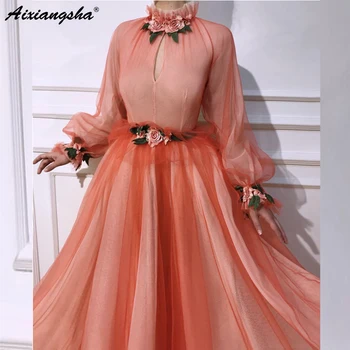 

Orange Muslim Evening Dresses A-line Long Sleeves High Neck Tulle Islamic Dubai Kaftan Saudi Arabic Long Evening Gown Prom