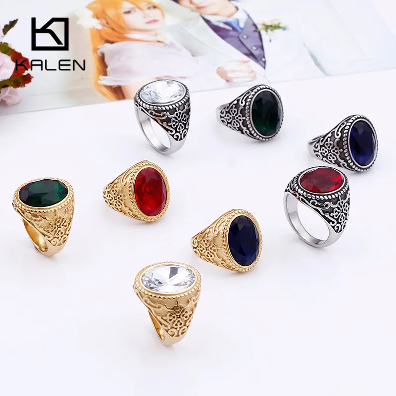 

KALEN Stainless Steel Domineering Rings For Men Women Size 7-12 Unisex Balck White Blue Red Crystal Totem Carving Rings Jewelry