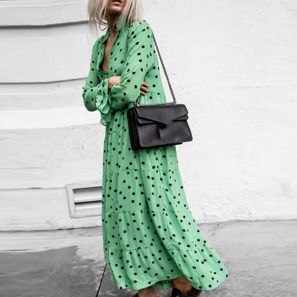 

Sexy Party Dress Robe Femme Women Casual Long Sleeve V-Neck Dot Printed Ruffled Holiday Long Maxi Dresses