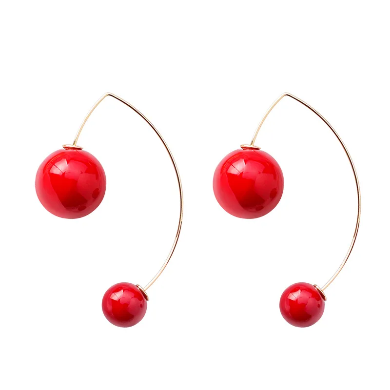 

8Seasons Fashion Drop Earrings Simple Design Big Small Red Metal Colorful Beads Pearl Curved Ear Charms Romantic Jewelry,1 Pair