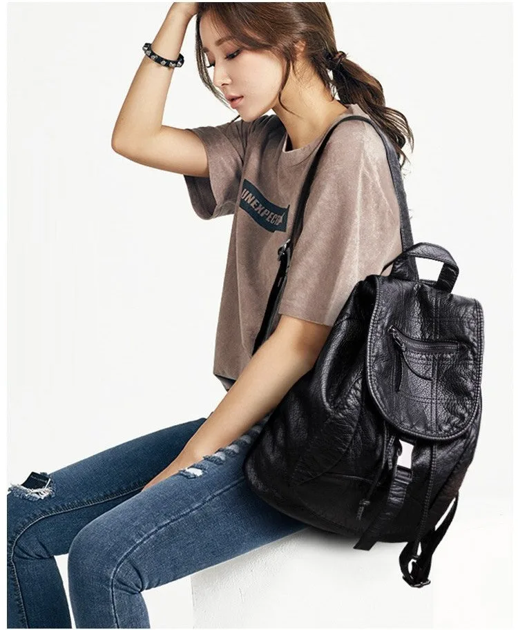 MJ Soft Leather Women Backpack Large Travel Bag PU Leather Female Daypack Black Backpack School Bag for Teenage Girls (19)