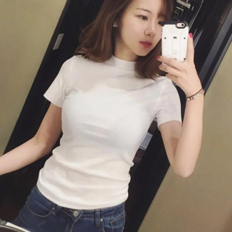 

2019 Summer T-shirt Female Slimming Semi-high Collar Short Sleeve Simple Bottom Shirt