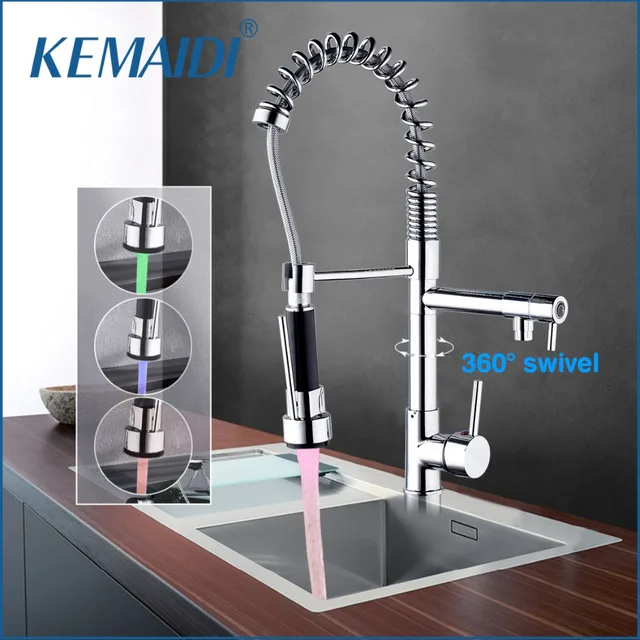 Cheap KEMAIDI Five Choice Free Shipping Chrome Brass Spring LED Light  Kitchen Faucet Single Handle Hole Vessel Sink Mixer Tap