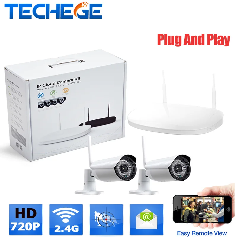  WIFI video surveillance system 2CH 720P Wireless CCTV sytem waterproof P2P 1.0MP  Surveillance CCTV System Kit plug and play 