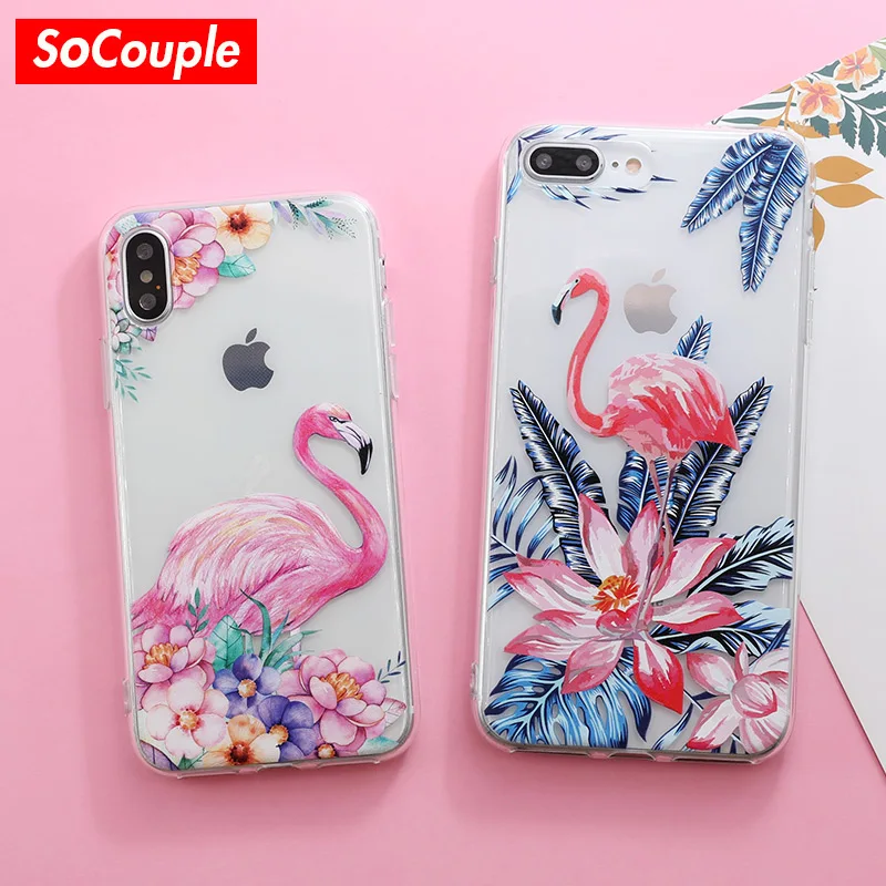

SoCouple For iphone 7 8 6 6s Plus X Case Flamingo Flower Silicone Relief Case Cover For iphone Xs max Soft TPU phone case