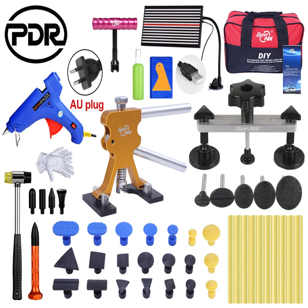 Best Price PDR Auto Body Paintless Dent Removal Tools Kit LED Reflect Light Board Dent Lifter with 5 Heads Tap Down Pen 10pcs Glue Sticker