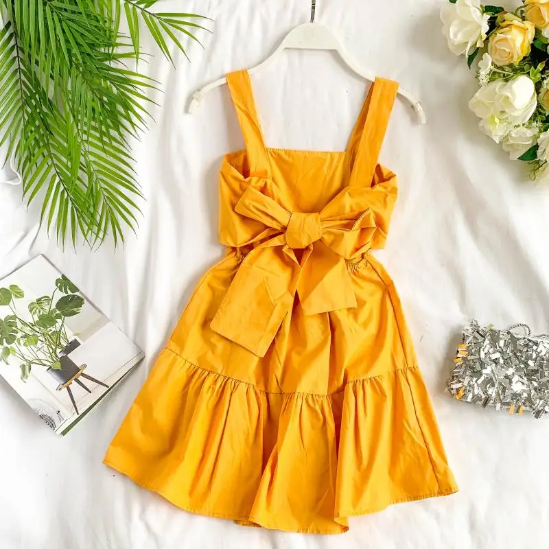

Chic Vintage Sexy Bow Knot Thin A-line Casual Dress Women Solid Color Sleeveless Elegant Vestidos G998