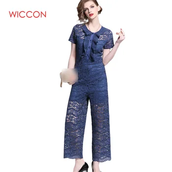 

Wide Leg Jumpsuits Female Summer New 2020 Short-sleeved Lace Rompers Ladies Slim Hollow Out Loose Jumpsuits