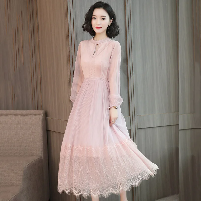 

Elegant fresh bud silk yarn long ladies dress 2019 women's spring summer bottoming is very beautiful long woman