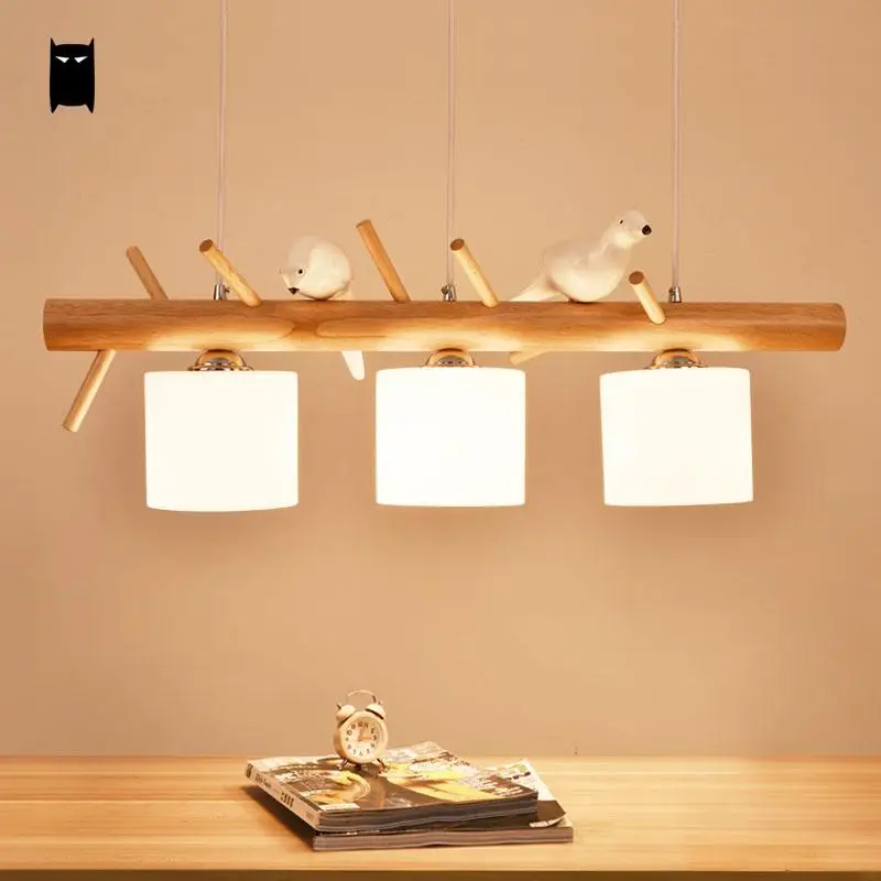 Natural Wood Milky Glass Shade White Bird Triple Pendant Light