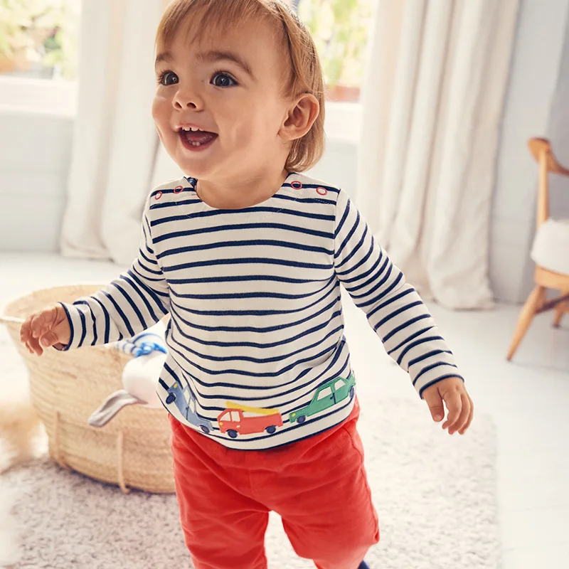 

Little maven children's sets new autumn boys Cotton brand long sleeve striped car applique t shirt+solid red pants 20509