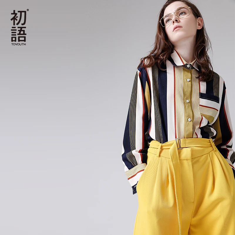 Kopen Toyouth Hit Kleur Vrouwen Werkkleding Chiffon Shirts Casual Turn Down Kraag Lange Mouw Blouses Losse Gestreepte Shirts