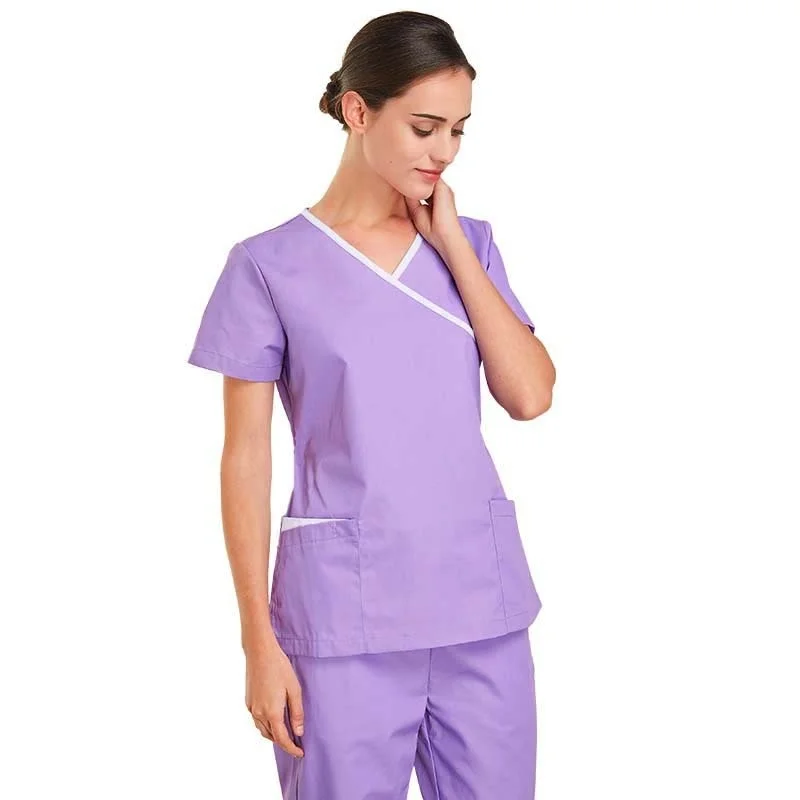 Women Fashion Scrubs Tops V-Neck Short Sleeves Shirt with Two Large Pockets Beauty and Health Workwear SPA Nursing Uniform
