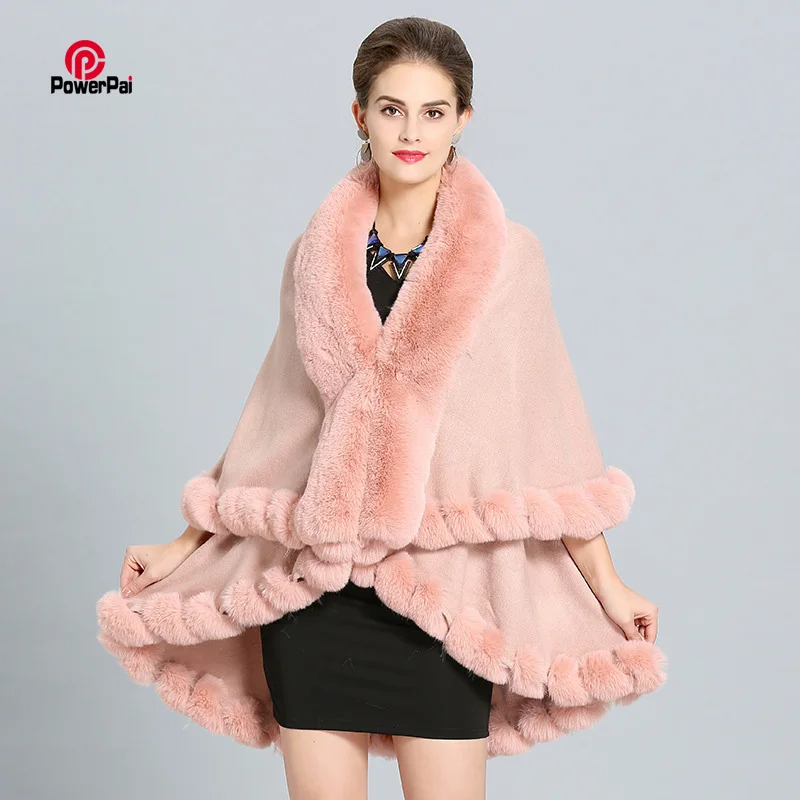 

Fashion Handcraft double layer Fox Fur Cape Shawl Long Knit Cashmere Poncho Coat Wraps Faux Fur Pashmina Cloak Women Winter New