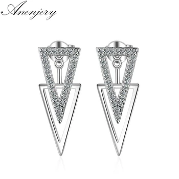 

Anenjery New Fashion Micro CZ Zircon Double Triangle Geometry Hanging Earrings For Women Silver Color Earrings S-E284