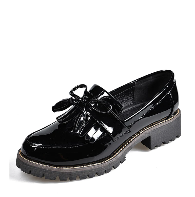 Женская обувь с кисточками и бантом; дизайнерская обувь на низком каблуке и платформе; прошитая обувь без застежки на квадратном каблуке; школьная обувь для девочек; Женская Классическая обувь