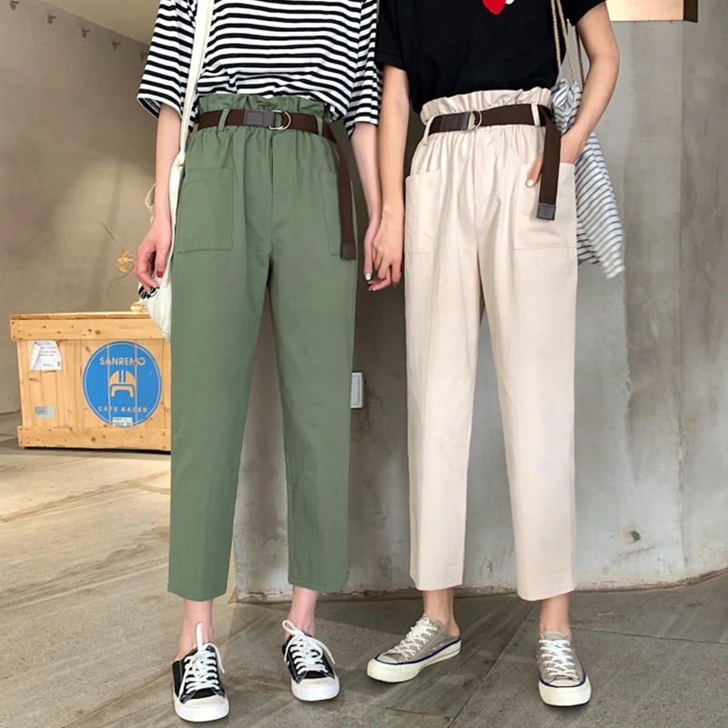 

2019 ball new Korean version of the wild high waist was thin elastic waist bandage solid color female straight nine pants casual