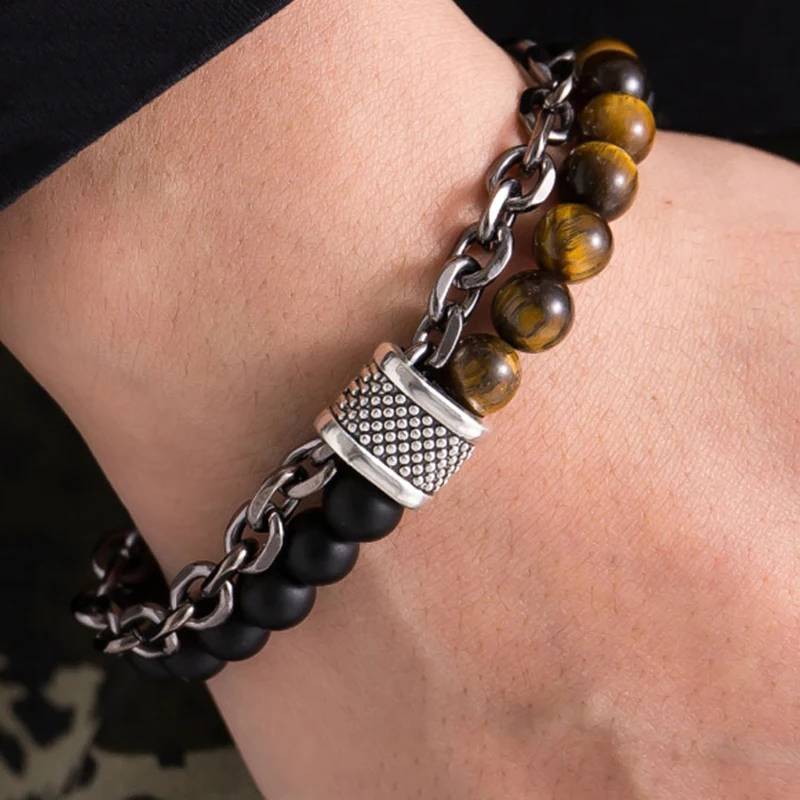 

Punk Rock Beads Bracelet Men 2019 Hiphop Chain Link Braslet For Homme Cham 8mm Natural Stone Braclet Yoga Jewelry Erkek Bilekli