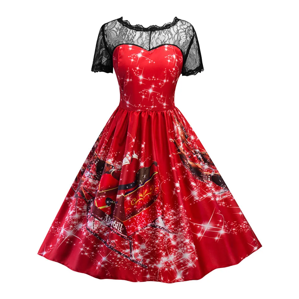 

FREE OSTRICH Women Swing Lace Dress Christmas Print Short Sleeve Evening Party Dress Stylish Sweet O-Neck Girl Clothes