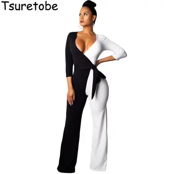 

Tsuretobe Bandage Wide Leg Jumpsuit Women Fashion Elegant Patchwork Casual Bodysuit Woemns Rompers V Neck Bodycon Jumpsuit Slim