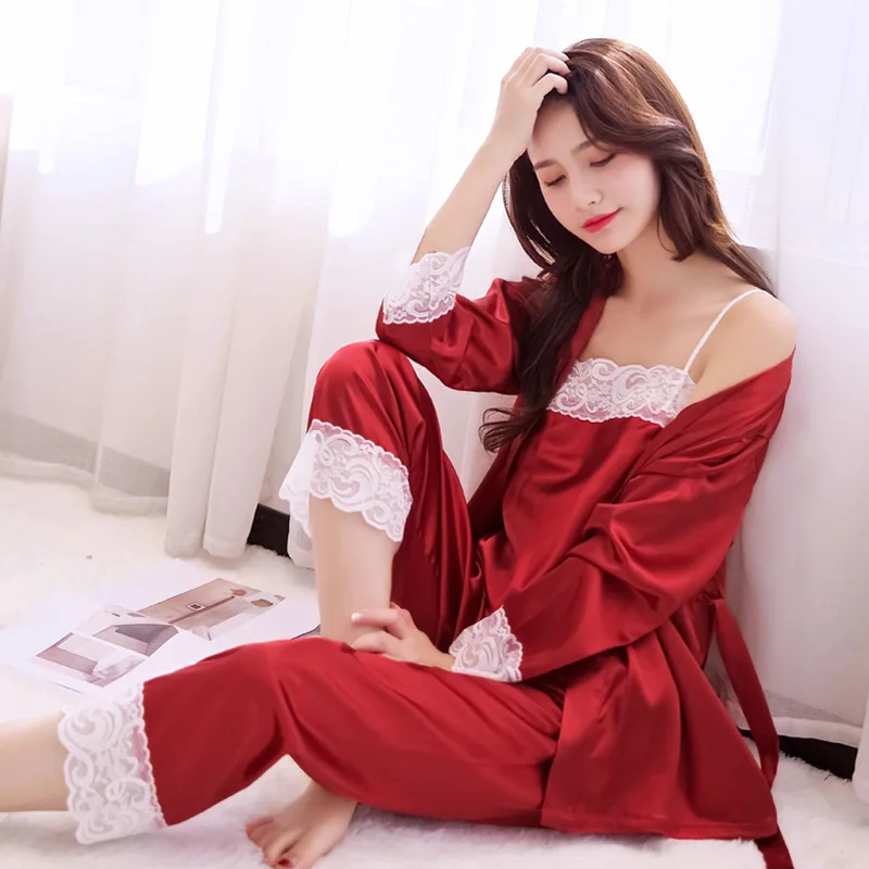 

Chinese Style Bride Wedding Pajamas Women's Pyjamas Set Satin 3pcs Sleepwear Lace Intimate Lingerie Sexy Kimono Bathrobe Gown