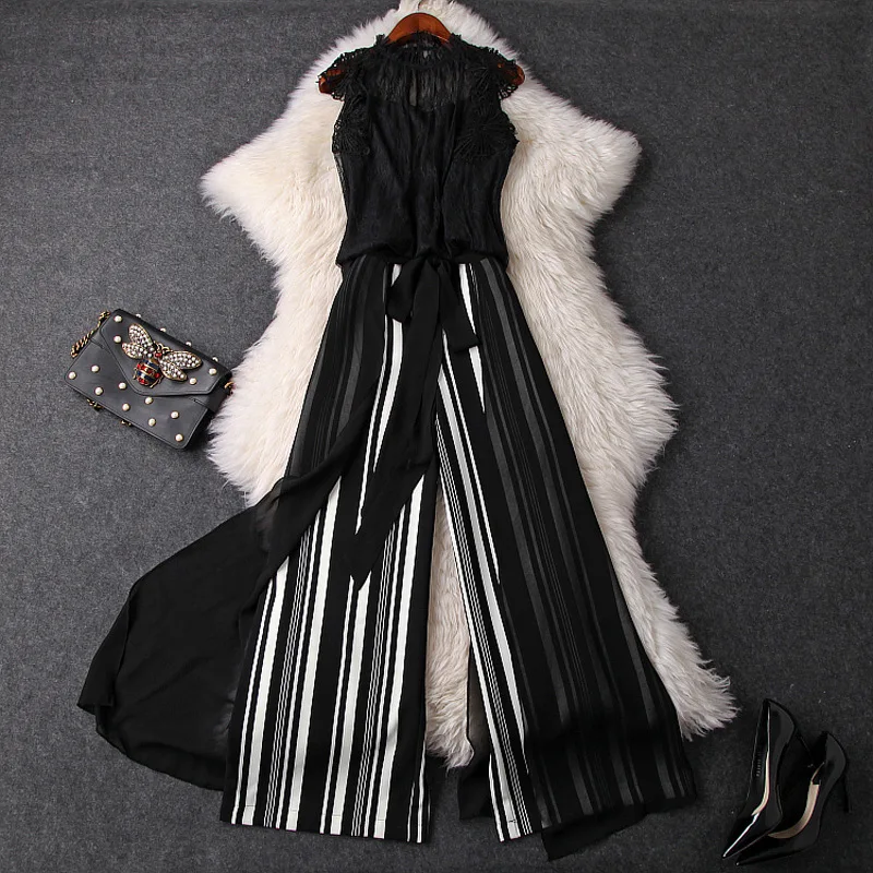 

2019 jumpsuits sexy Celebrity Lace Striped See-Through Women Sleeveless Night Club O Neck Body con Black jumpsuits wholesale