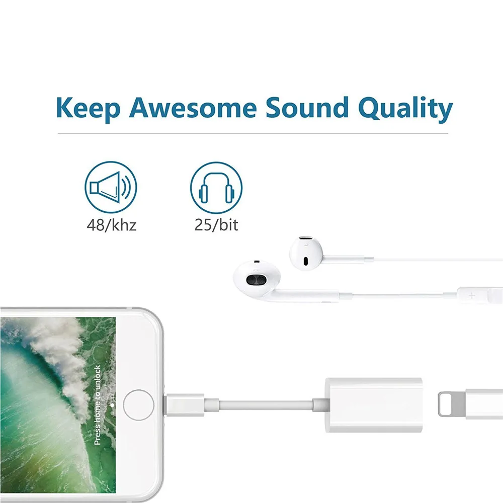 Dual Lightning Aux Adapter Splitter for iPhone X 8 8 Plus 7 7 Plus 6 Headphone Audio Sync Data Charging Adapter for Apple Phone