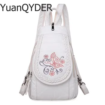 

Embroidery Flower Women Backpack 3-in-1 Soft Pu Leather Backpacks for Girls Large Capacity Shoulder Bag Chest Pack White Mochila