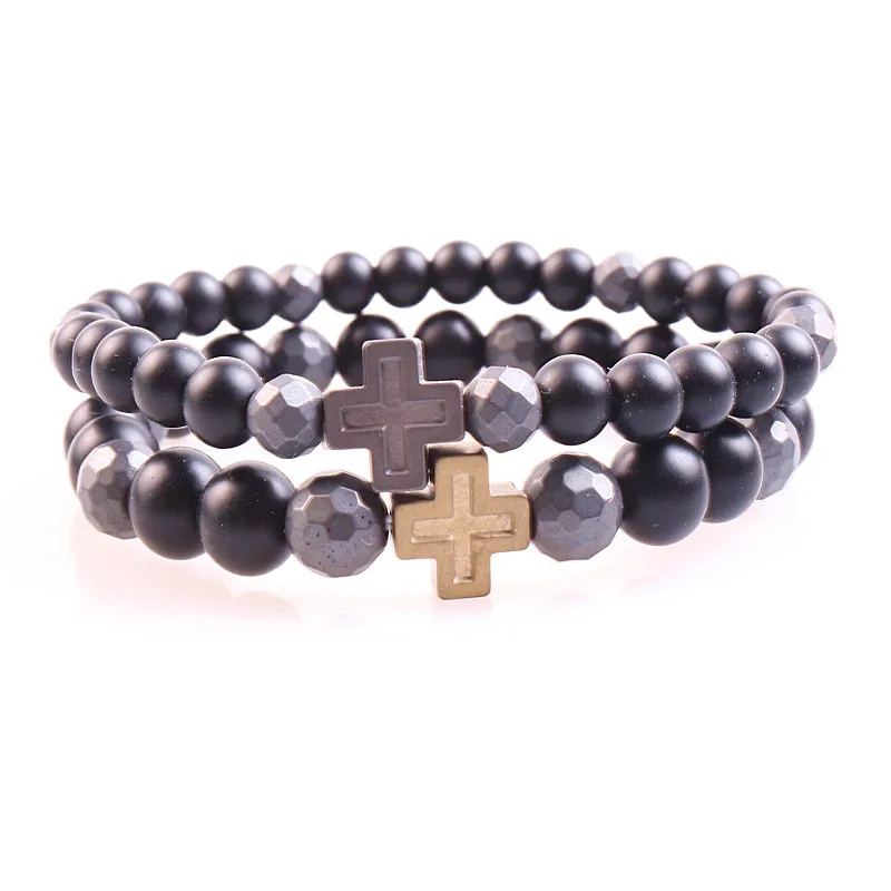 

6mm stone bead & Hematite black Men's Cross Pendant bracelet Jewelry
