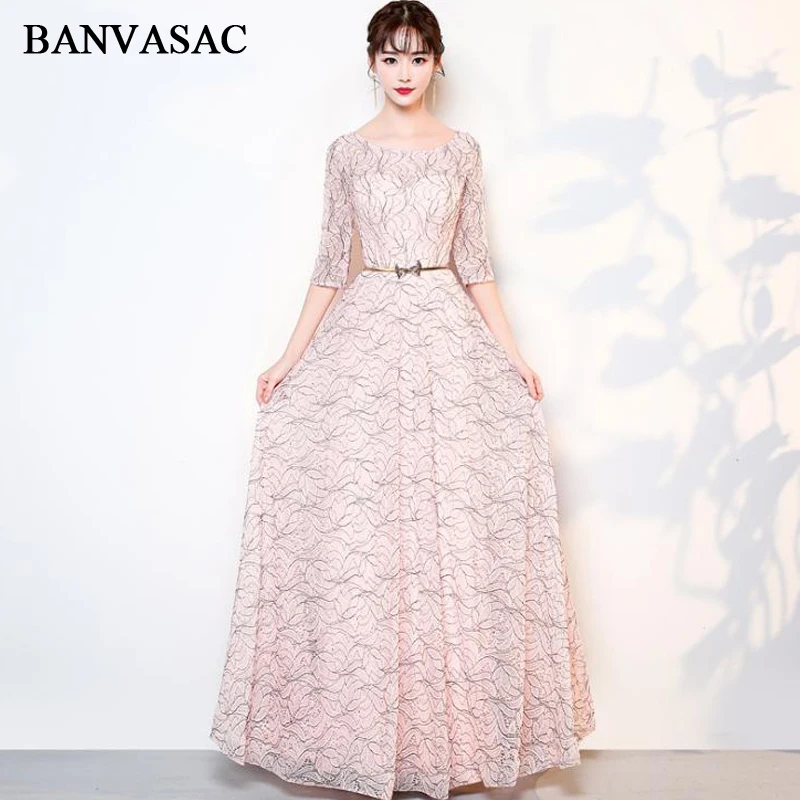 

BANVASAC 2018 O Neck Bow Sash A Line Long Evening Dresses Elegant Lace Embroidery Half Sleeve Party Prom Gowns