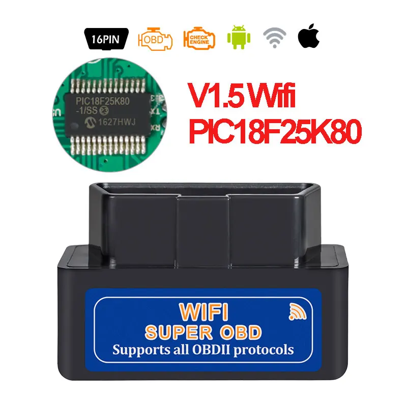 ELM327 V1.5 Bluetooth/Wifi опционально с чипом PIC18F25K80 поддерживает протоколы OBD II ELM 327 OBD2 диагностический инструмент считыватель кода - Цвет: black v1.5 wifi