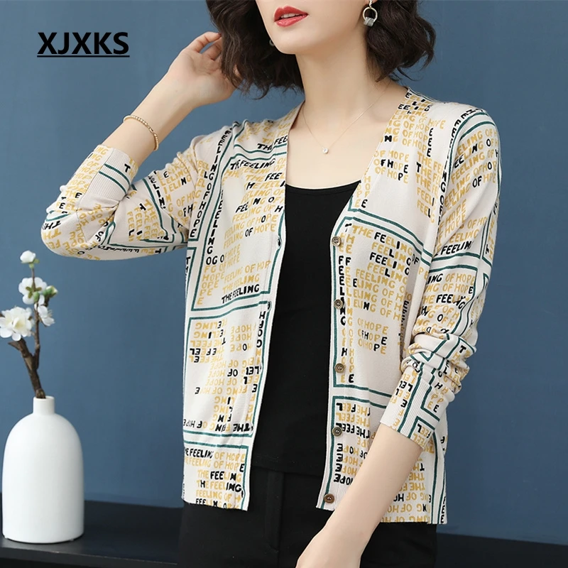 

XJXKS Women Sweater Spring And Summer Shawl Cardigan Women Tops High Quality Soft Cardigan Vintage Print Knitted Sweater