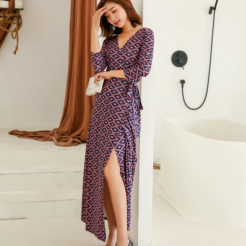 

Bohemian Women Mistery Printing Long Maxi Dress Beach Summer Vacation Long Sleeve Deep V Neck High Split Sundress Loose Vestidos