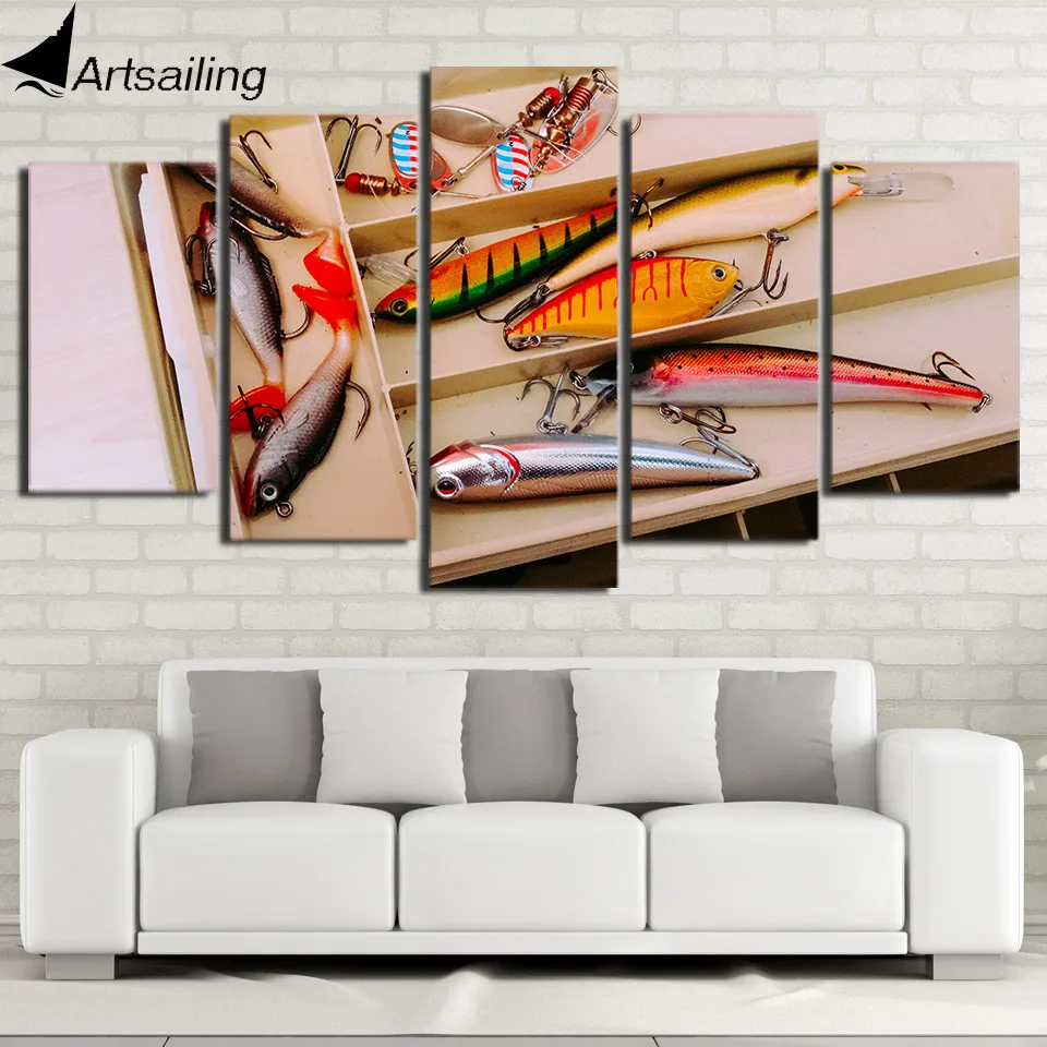 HD Printed 5 Piece Canvas Art Fishing Hooks Painting Vintage Framed Modular Wall Pictures for