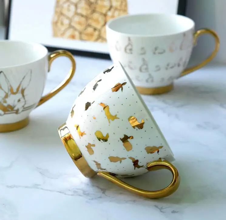 

Nordic style Mug Golden Cute Rabbit Cup high capacity Creative Ceramic Covered Breakfast Cup Soup Oatmeal Mug 0702
