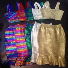 5 Colors Top Quality Gold Foiling 2 Pieces Set Rayon Bodycon Bandage Dress Evening Party Cute Dress