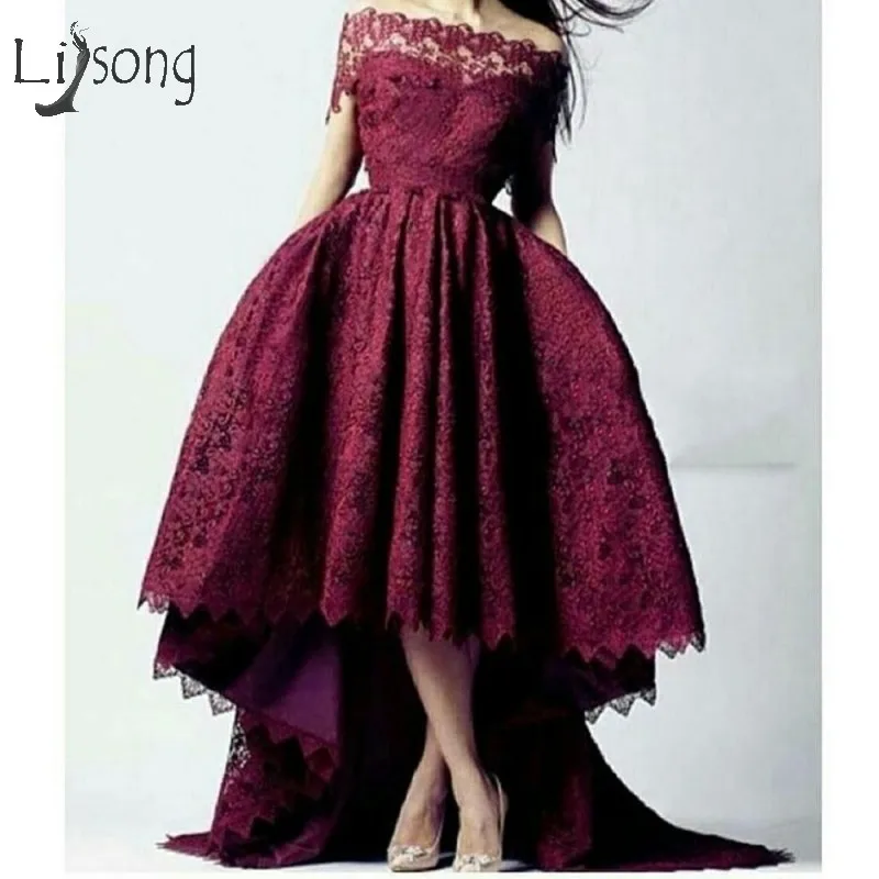 

Burgundy Lace High Low Prom Dresses 2018 Boat Neck Off Shoulder Long Prom Gowns Robe De Soiree Abiye 2018 Evening Gowns
