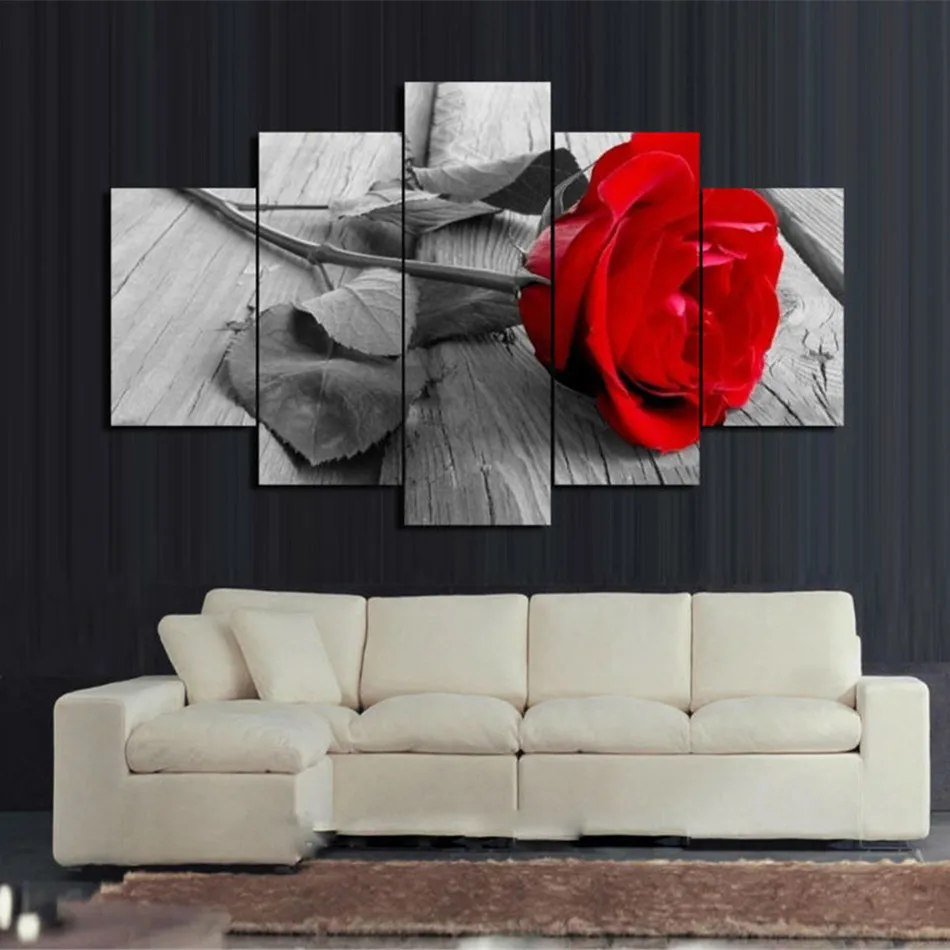 

Modern Five Pcs Unframed Art Oil Painting Rose Flower Canvas Print Paintings for Wall and Home Decoration