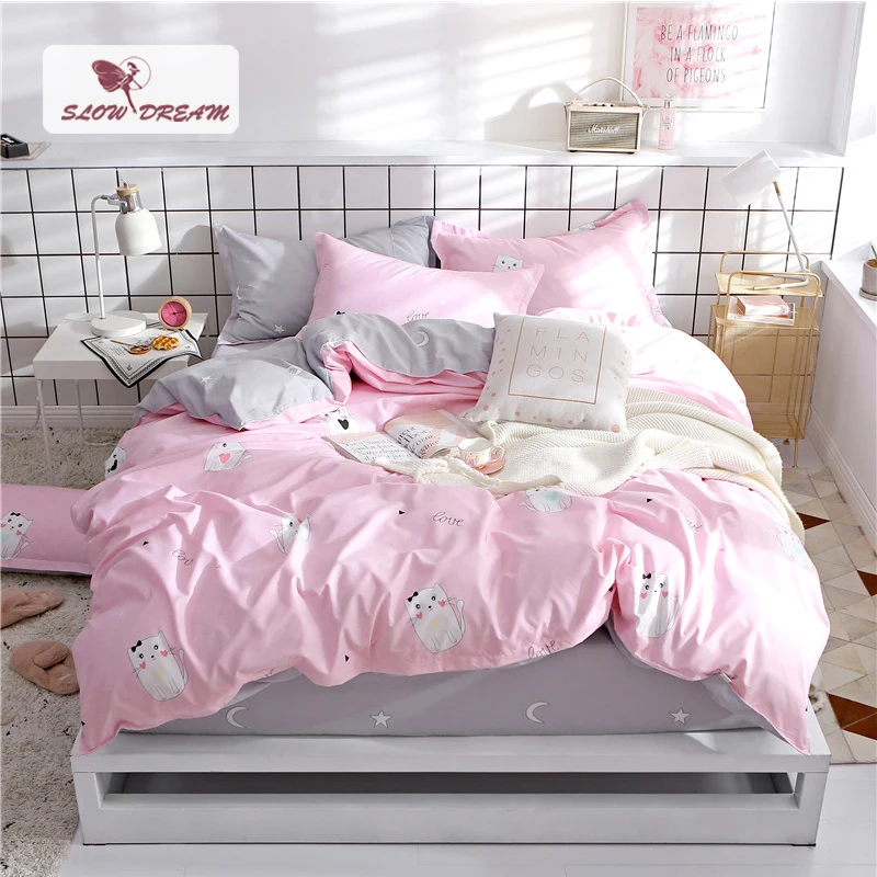 SlowDream Cartoon Cat Bed Cover Set Home Textiles Decorative Duvet Cover Fitted Sheet Double Sheets On