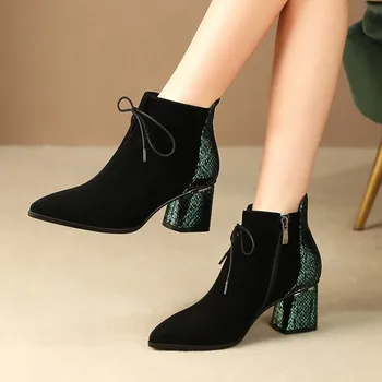 

MLJUESE 2020 women ankle boots Kid Suede pointed toe lace up winter short plush high heels boots women boots party size 42