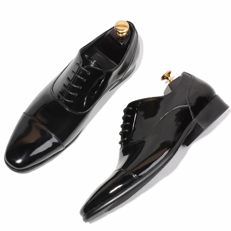 Black Patent leather Goodyear Man Shoes Flats Formal Business Shoe Lace up Handmade Dress Wedding Shoes Derby Oxfords Hombre