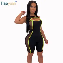 HAOYUAN Неон Полосатый Sheer сетчатый лоскутный сексуальный шорты Одежда для новорожденных Модные комбинезоны Повседневное комбинезон Bodycon Комбинезоны