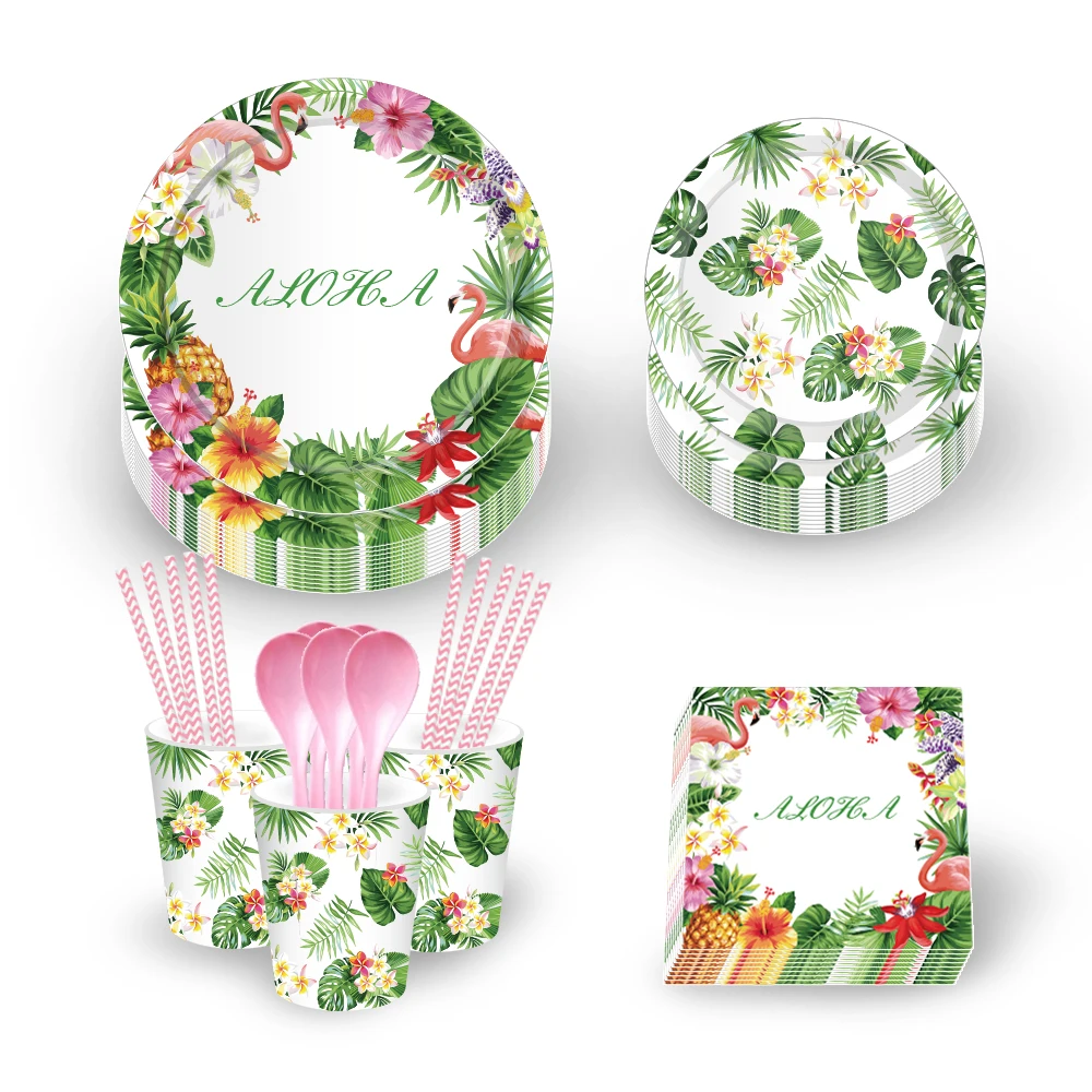 

Summer Hawaii Theme Party Decorations Sets Flamingo Plates Napkins Cups Disposable Tableware Wedding Happy Birthday Party Favors