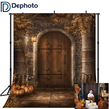 

Dephoto Vintage Stone Wall House Wooden Door Pumpkin Yard Halloween Custom Seamless Photography Backdrops Studio Background