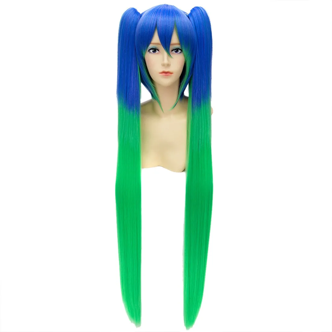 

Women Long Straight Blue Green Gradient Double Ponytail Cosplay Anime Wigs