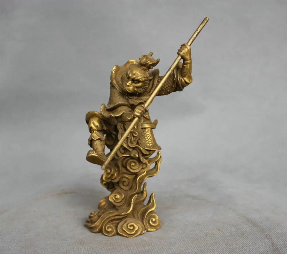

SS 8'' China Myth Bronze Sun Wukong Monkey King Hold Stick Fighting Statue