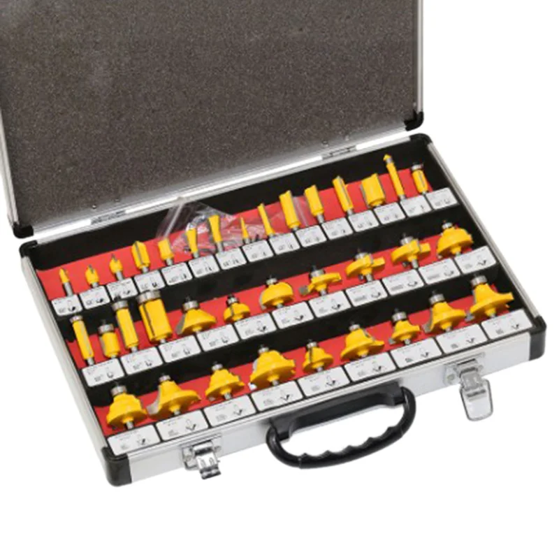 35Pcs 1/4 Inch(6.35Mm) Shank Router Bit Set Wood Woodworking Cutter Trimming Knife Forming Milling W/ Wood Case Box