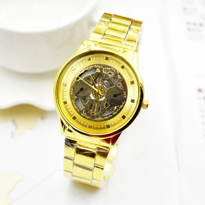

Fashion hollow watch imitation mechanical casual luminous quartz men women Wristwatch gold clock steel strap relogio masculino
