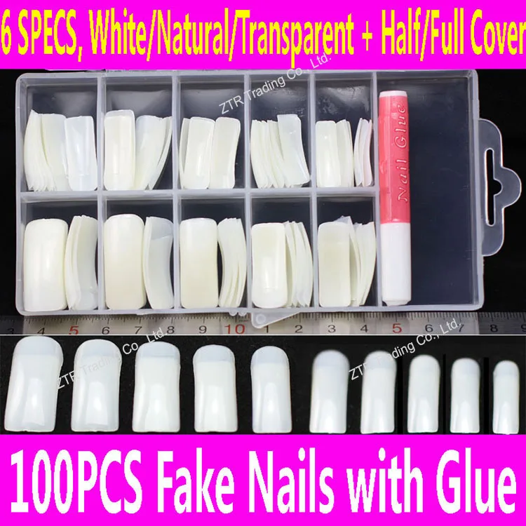 100 Pcs False Nails With Glue & Case Set Acrylic Artificial Fake Nails Half  Full Cover White Natural Transparent Skin Color Tips - False Nails -  AliExpress