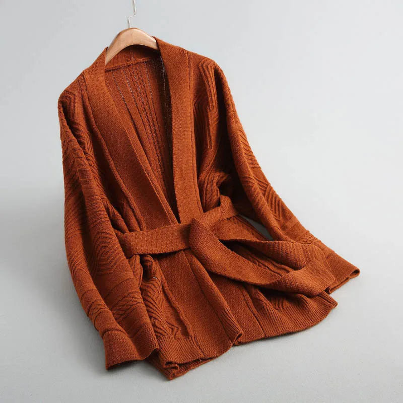 J82 Модный женский изысканный вязаный кардиган с длинными рукавами и поясом, женский теплый свитер с открытой строчкой, верхняя одежда - Цвет: Оранжевый